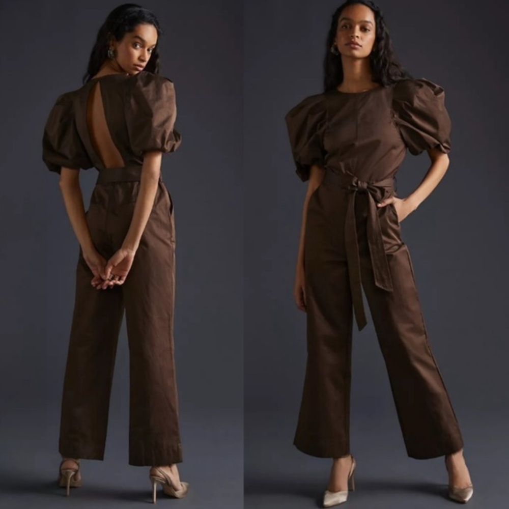 Anthropologie Brown Puff-Sleeve Jumpsuit